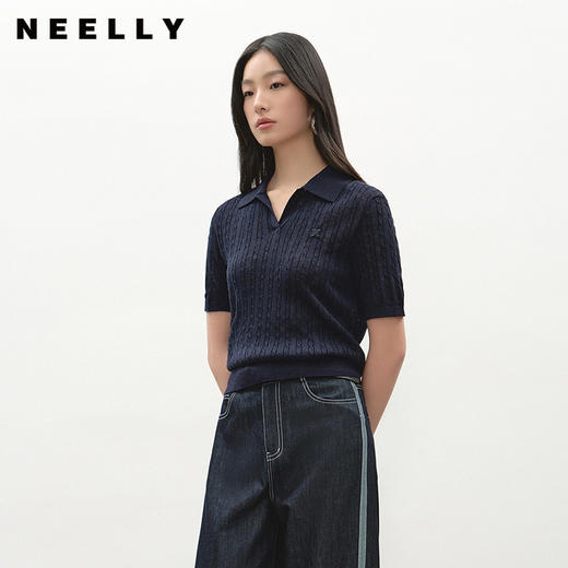 NEELLY纳俪商场同款夏新款经典简约POLO领针织短袖女宽松舒适上衣N26044A04403 商品图0
