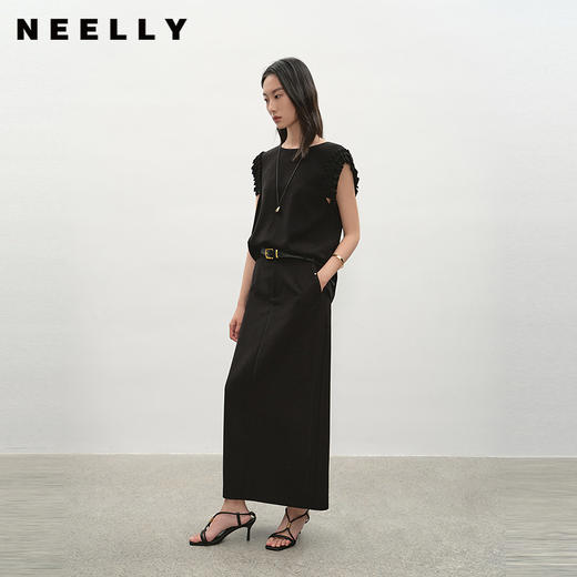 NEELLY纳俪商场同款夏新款简约廓形半身裙女通勤后开叉直筒A字裙N26044E04551 商品图0