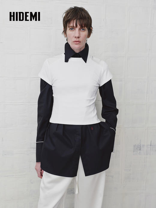 HIDEMI 设计感修身正肩短袖圆领T恤上衣 商品图4