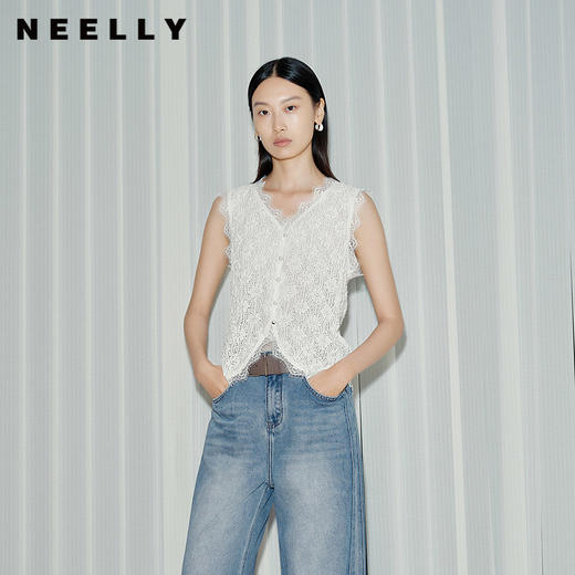 NEELLY纳俪商场同款夏季新款高弹泡泡针织蕾丝背心女气质舒适上衣N26054R04423 商品图0