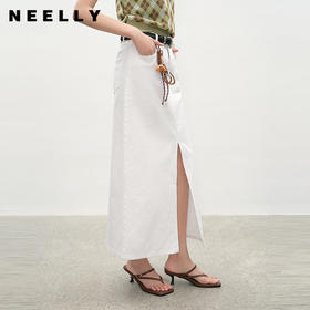 NEELLY纳俪商场同款夏季新款经典开叉牛仔半身裙女时尚水洗A字裙N26044E04524