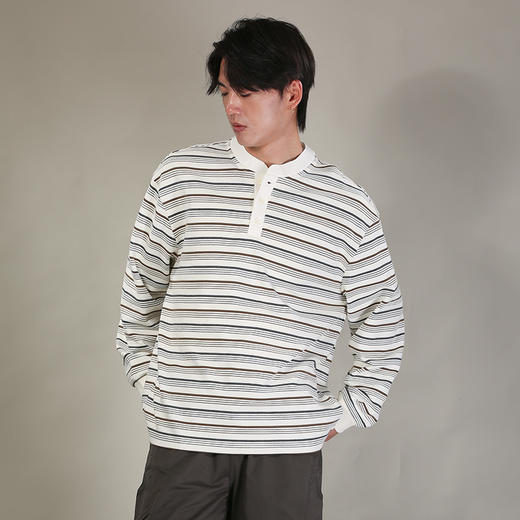 DRONKOO 2026 圆领前开扣多色细条纹长袖中厚T恤 商品图1