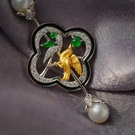 龢盒原创  银镶竹林小鸟翡翠胸针 商品图1