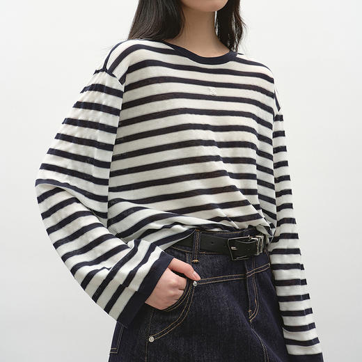 NEELLY纳俪商场同款夏新款经典条纹长袖T恤女时尚宽松透气针织衫N26054A04536 商品图2