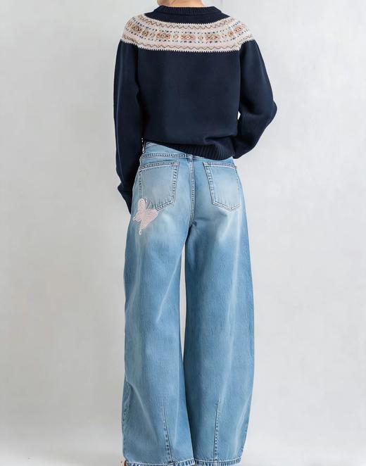 F030148重工刺绣蝴蝶结高品质浅蓝色宽松阔腿牛仔裤女春季拖地长裤 商品图8