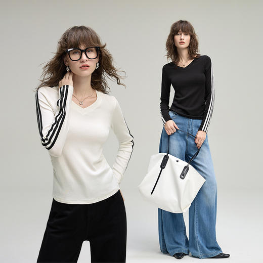 百媚生 收腰褶皱修身正肩T恤女上衣HBY-8Y 商品图0