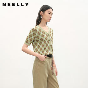 NEELLY纳俪商场同款夏新款V领格纹设计感针织开衫女撞色显白毛衣N26044A04513