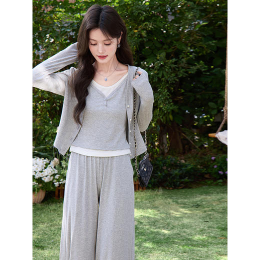 鹿向南「轻歌曼舞」灰色假两件背心女春季新款短款开衫半身裙套装 商品图2