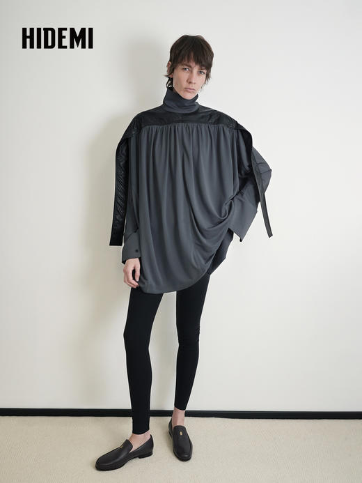 HIDEMI 设计感油蜡皮拼接立领连袖蝙蝠袖垂感上衣 商品图4