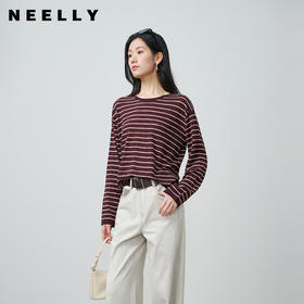 NEELLY纳俪商场同款春季新款复古条纹圆领撞色T恤女简约随性上衣N26014A06611