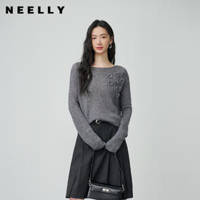 NEELLY纳俪商场同款春季新款温柔花纹针织衫女软糯百搭亲肤上衣N26014A06607