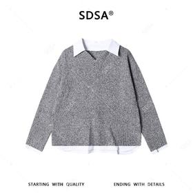 SDSA男装2026新款日系针织上衣杂点工艺衬衫领拼接宽松针织衫