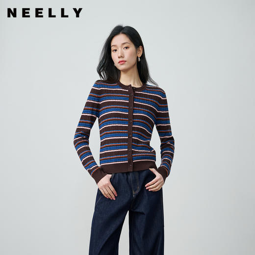 NEELLY纳俪商场同款春季新款复古撞色坑条针织开衫女圆领修身上衣N26014A03316 商品图0