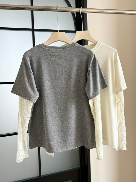 韩国东大门KT猫蕾丝拼接卡通印花假两件T恤 商品图4