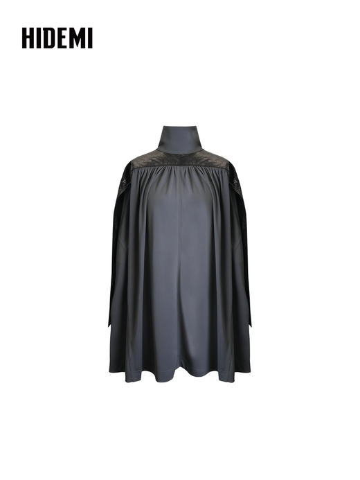 HIDEMI 设计感油蜡皮拼接立领连袖蝙蝠袖垂感上衣 商品图6