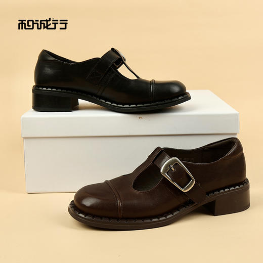 和诚行2026春季新款玛丽珍学院风小皮鞋文艺复古丁字扣带粗跟乐福鞋0400267 商品图0