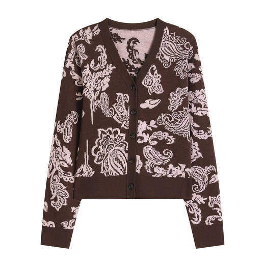 NEELLY纳俪商场同款春季新款复古V领花纹针织开衫女慵懒休闲上衣N26012A01024 商品图3