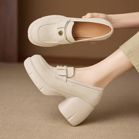 【预售5天】春季新款圆头玛丽珍鞋女真皮一脚蹬羊皮粗跟时尚浅口单鞋NWS1&N9889