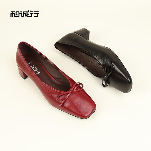 和诚行2026春季新款复古风通勤方头蝴蝶结浅口中跟单鞋0770206 商品图2