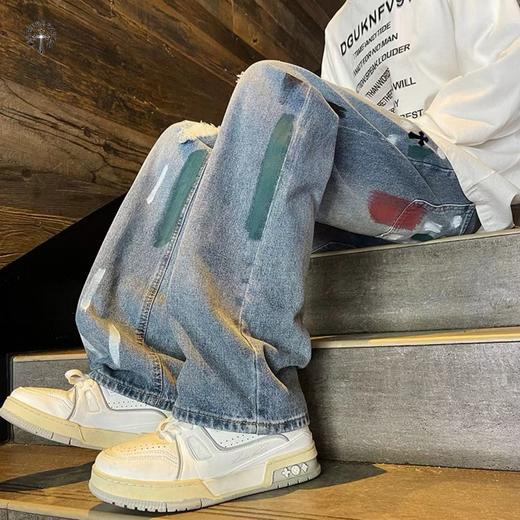 F030184高品质重工水洗刺绣涂鸦美式复古洗旧直筒牛仔裤 商品图4