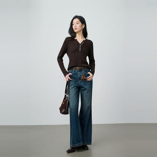 NEELLY纳俪商场同款春季新款复古阔腿水洗牛仔裤女休闲高腰长裤N26024H05506 商品图2