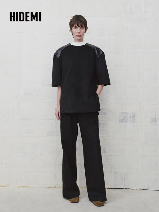 HIDEMI 复古环保麂皮绒廓形套装圆领拼皮油蜡皮套头上衣/阔腿长裤 商品图0