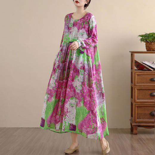 百媚生 复古文艺印花连衣裙女春秋长袖棉麻长裙C024-5097 商品图1