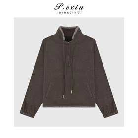 A008潘依绣丁丁宠粉韩系复古拼接格纹层次感半拉链磨绒加厚长袖卫衣Q10032