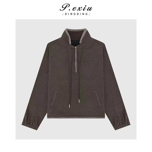 A008潘依绣丁丁宠粉韩系复古拼接格纹层次感半拉链磨绒加厚长袖卫衣Q10032 商品图0