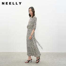 NEELLY纳俪商场同款夏季新款黑白碎花收腰连衣裙女显瘦休闲长裙N26044Y04569