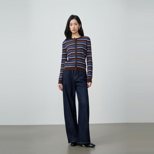 NEELLY纳俪商场同款春季新款复古撞色坑条针织开衫女圆领修身上衣N26014A03316 商品图3