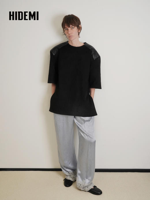 HIDEMI 复古环保麂皮绒廓形套装圆领拼皮油蜡皮套头上衣/阔腿长裤 商品图5