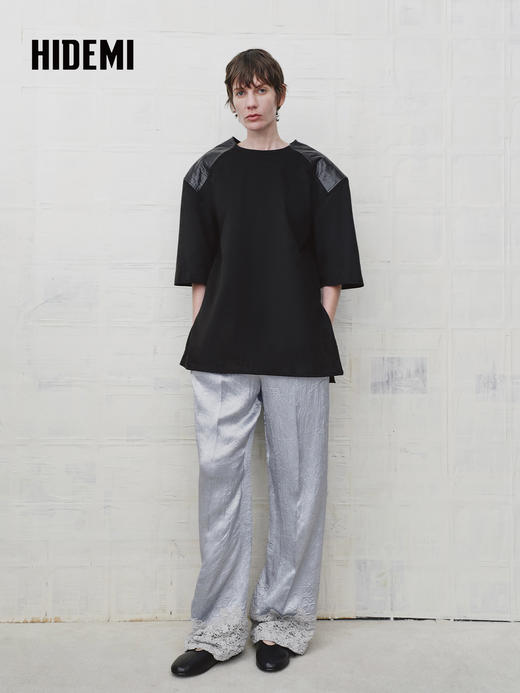 HIDEMI 复古环保麂皮绒廓形套装圆领拼皮油蜡皮套头上衣/阔腿长裤 商品图4