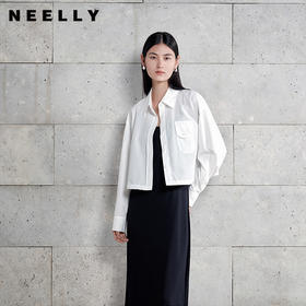 NEELLY纳俪商场同款春季新款宽松休闲长袖衬衫女百搭纯色短款上衣N26024B04512