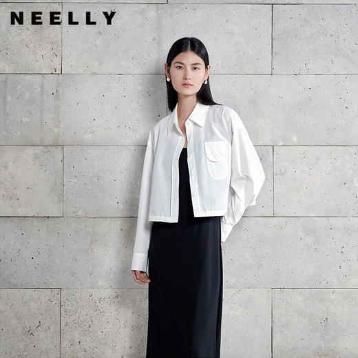 NEELLY纳俪商场同款春季新款宽松休闲长袖衬衫女百搭纯色短款上衣N26024B04512 商品图0