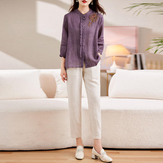 百媚生 绣花苎麻衬衫两件套透气棉麻套装 商品图4
