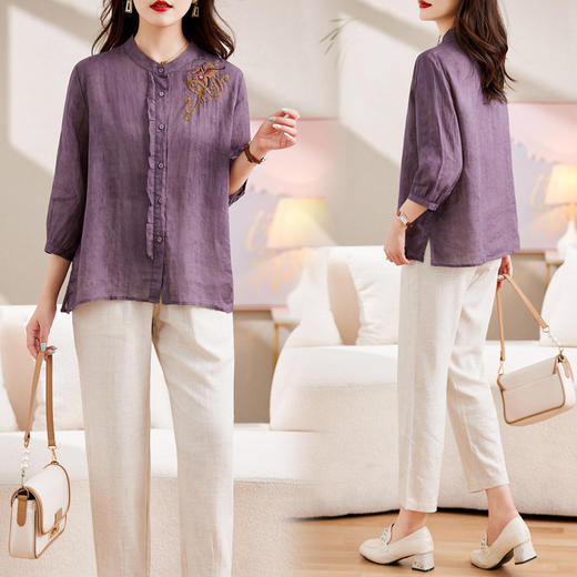 百媚生 绣花苎麻衬衫两件套透气棉麻套装 商品图3