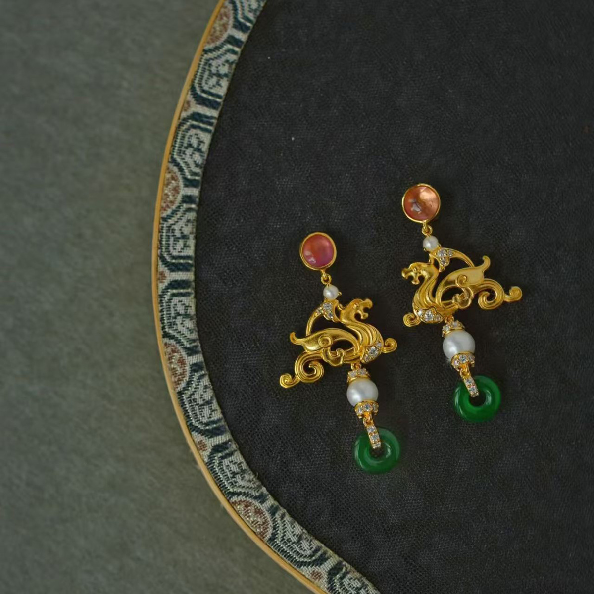 龢盒原创 游龙翡翠平安圈银镶耳环