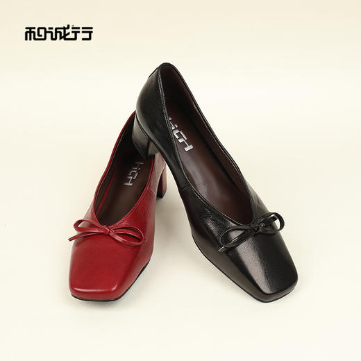 和诚行2026春季新款复古风通勤方头蝴蝶结浅口中跟单鞋0770206 商品图0