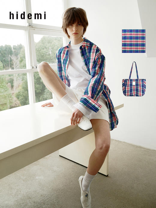 hidemi副线小h 小男孩色织格纹有机棉休闲宽松长袖衬衫外套长裤包方巾四件套 商品图0