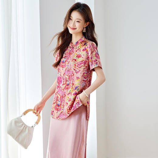百媚生 国风人丝精致印花短袖衬衫6073 商品图3