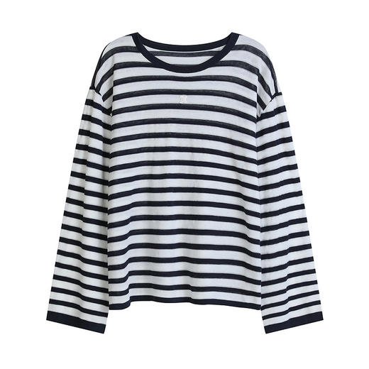 NEELLY纳俪商场同款夏新款经典条纹长袖T恤女时尚宽松透气针织衫N26054A04536 商品图3