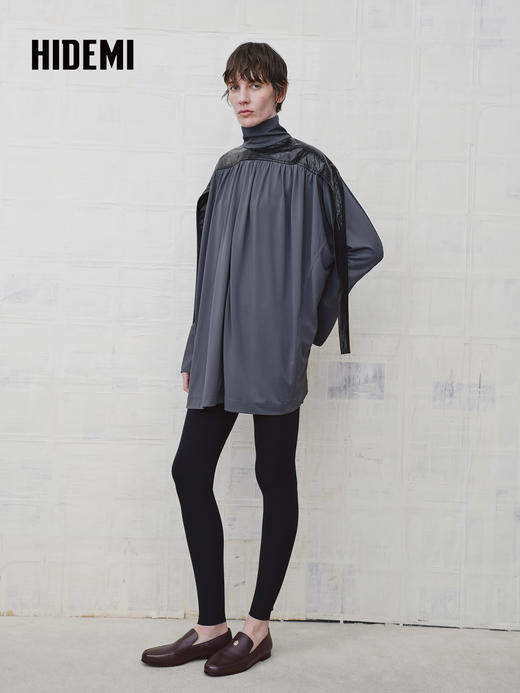 HIDEMI 设计感油蜡皮拼接立领连袖蝙蝠袖垂感上衣 商品图1