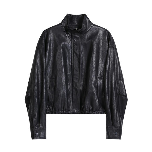 NEELLY纳俪商场同款春季新款复古立领简约短款皮衣女利落休闲外套N26012C01036 商品图3