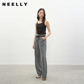 NEELLY纳俪商场同款夏季新款时尚高腰直筒牛仔裤女复古烟灰阔腿裤N26044H04565