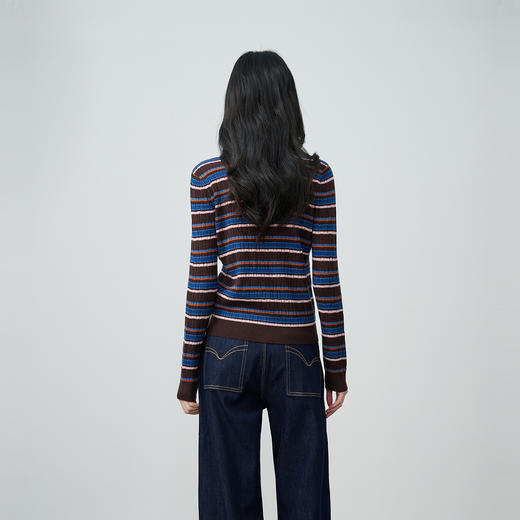 NEELLY纳俪商场同款春季新款复古撞色坑条针织开衫女圆领修身上衣N26014A03316 商品图1