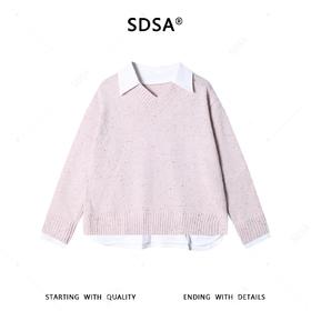 SDSA男装2026新款日系针织上衣杂点工艺衬衫领拼接宽松针织衫