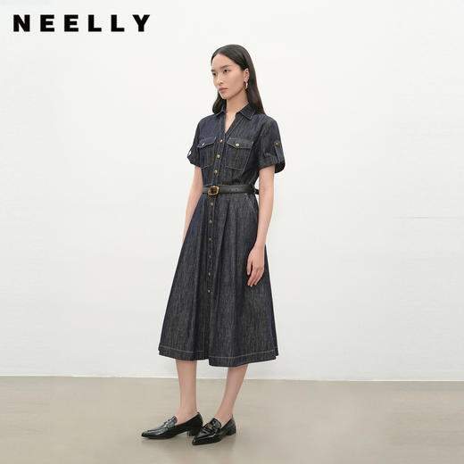 NEELLY纳俪商场同款夏季新款复古休闲牛仔连衣裙女慵懒收腰长裙N26044Y04533 商品图0
