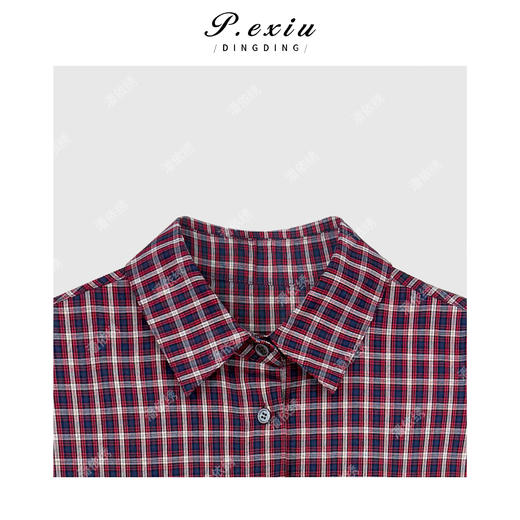 100%棉镂空刺绣撞色格纹阔版宽松翻领长袖衬衫W-63523 商品图2