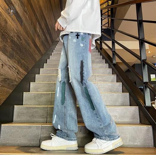 F030184高品质重工水洗刺绣涂鸦美式复古洗旧直筒牛仔裤 商品图5